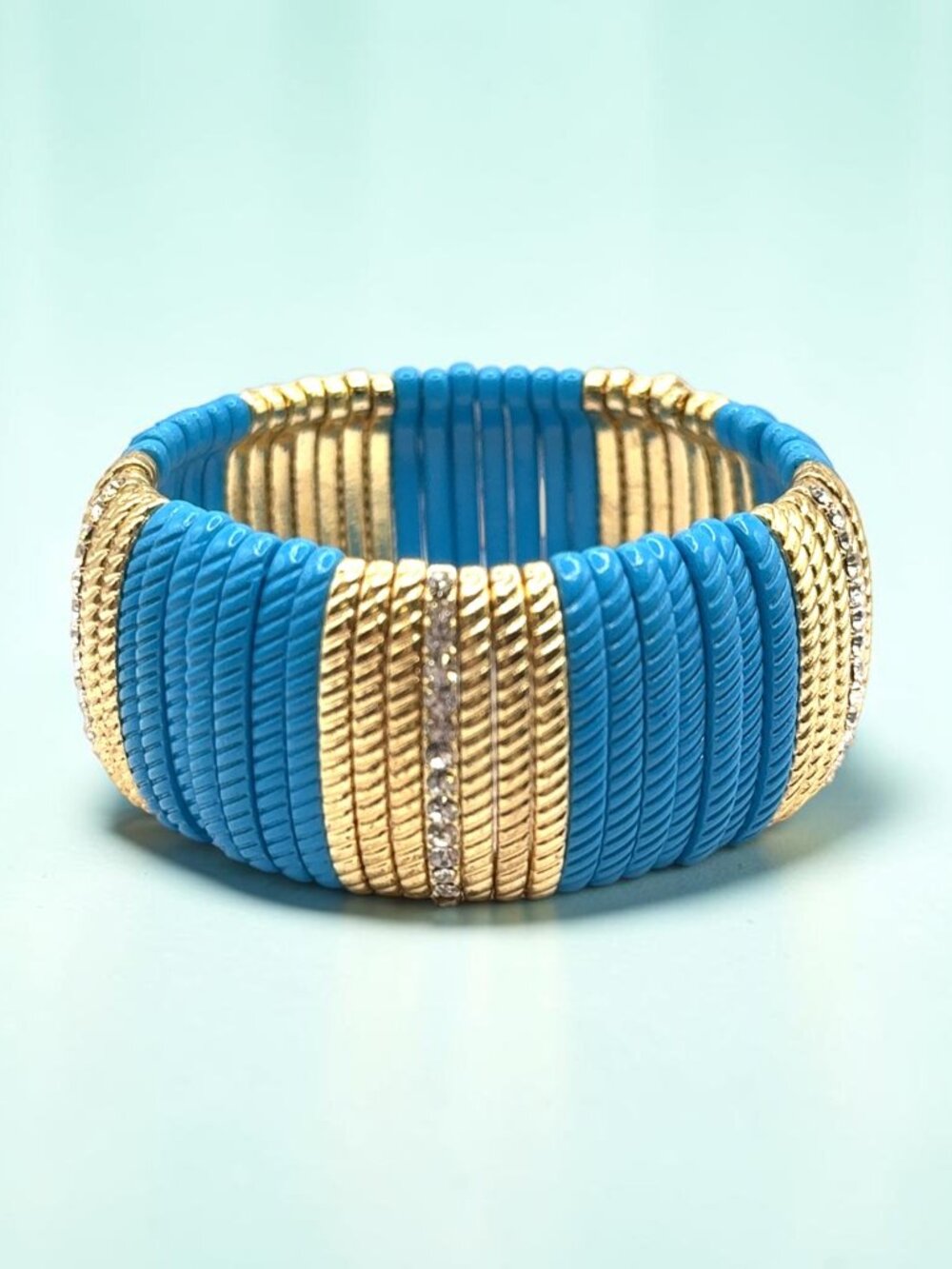Turquoise and Gold Stretch Bracelet with Rhinestone Accents